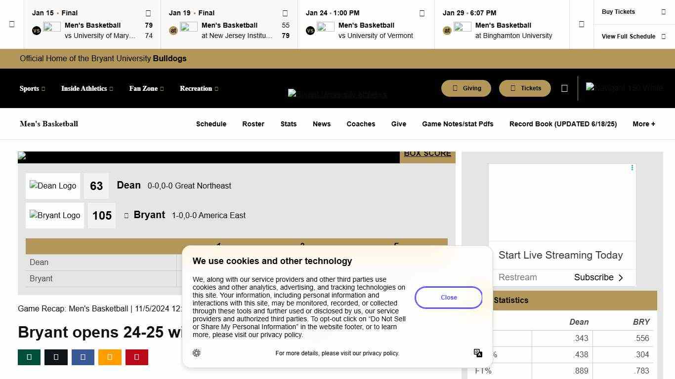 Bryant opens 24-25 with victory over Dean - Bryant University